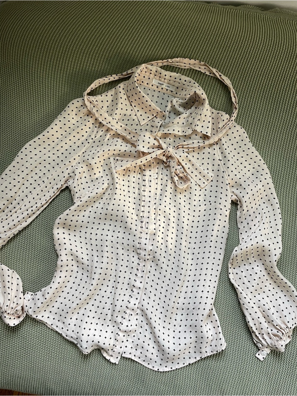 Emerson Fry 100% Silk Cream Polka Dot Button-Down Blouse with Neck Tie